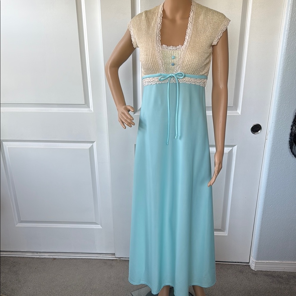 VINTAGE 60s custom cream and aqua blue maxi dress and shrug S